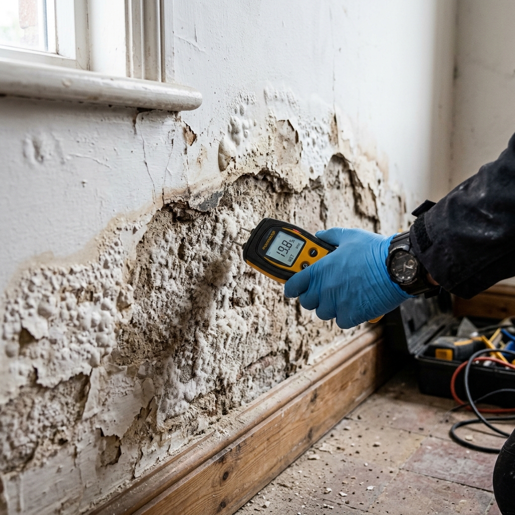 Diagnostic de remontées capillaires avec hygromètre professionnel sur un mur intérieur dégradé par le salpêtre